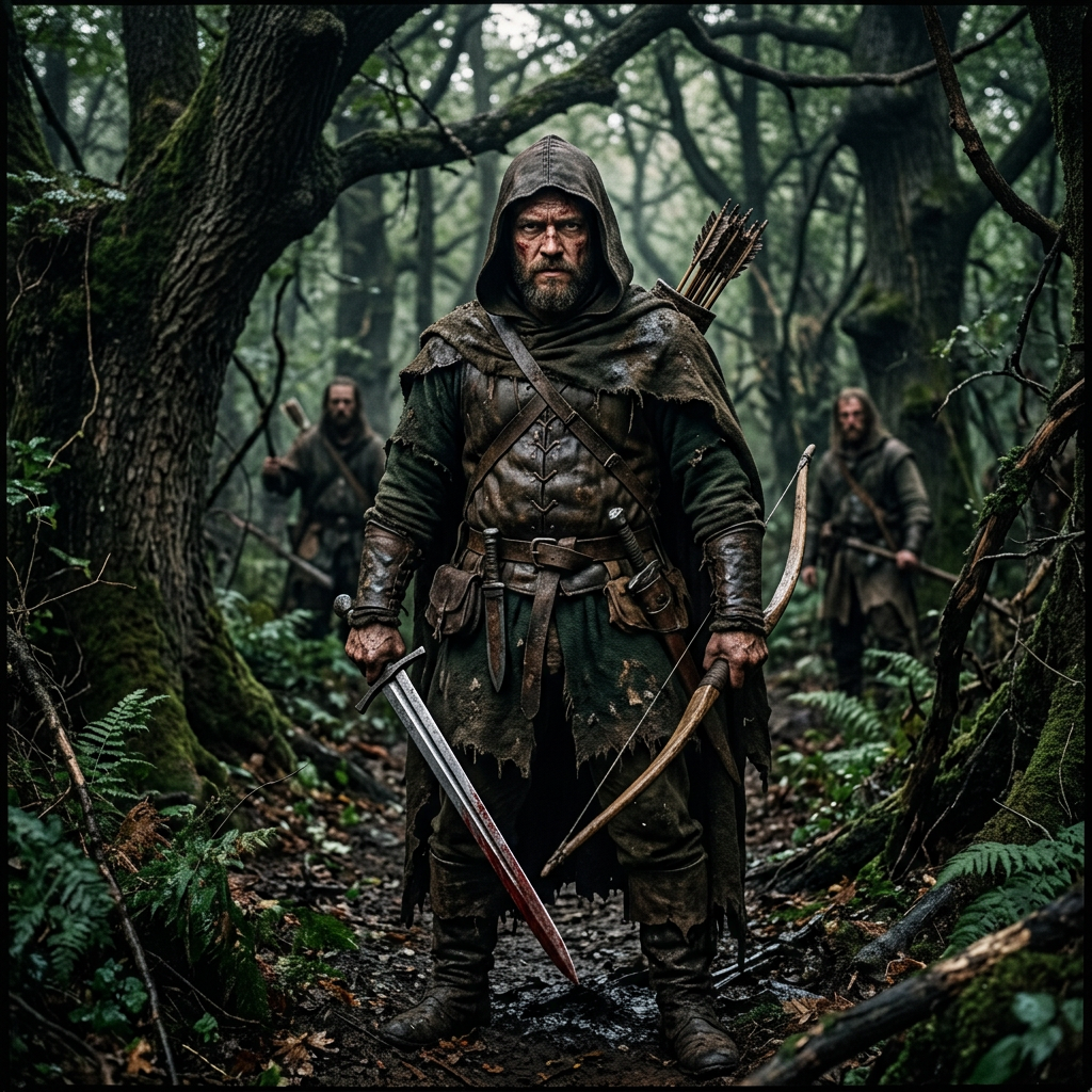 Robin Hood as an outlaw in Sherwood Forest - historical depiction of the legendary robber