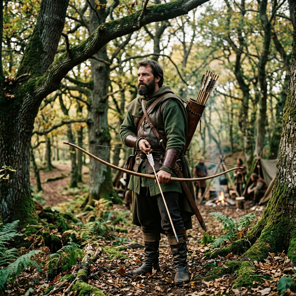 Robin Hood as a historical figure in medieval clothing with bow and arrow in Sherwood Forest