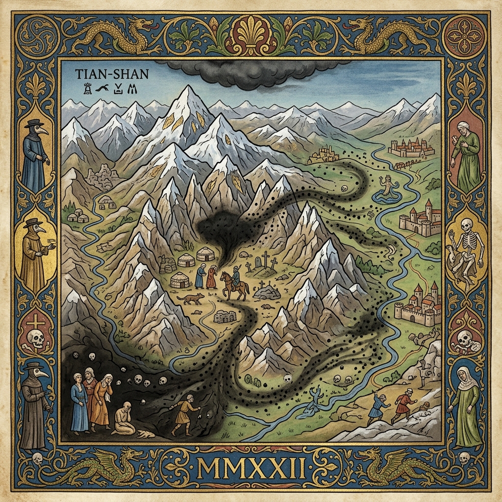 Medieval depiction of the Tian Shan Mountains in Kyrgyzstan, the origin of the plague