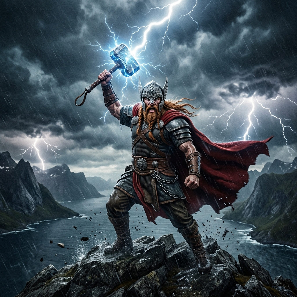 Thor, the Norse god of thunder, with hammer Mjölnir and lightning bolts in a dramatic battle pose