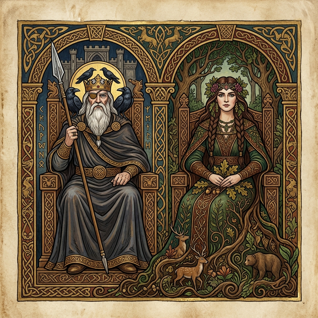Thor's parents: Odin the father of the gods and Jörd, medieval depiction of Norse mythology