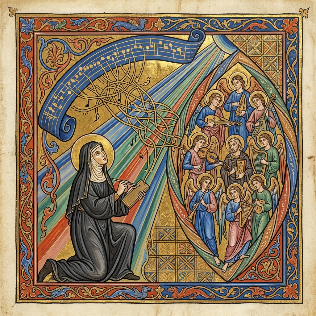 Hildegard of Bingen as a medieval depiction of the writing of her heavenly revelations