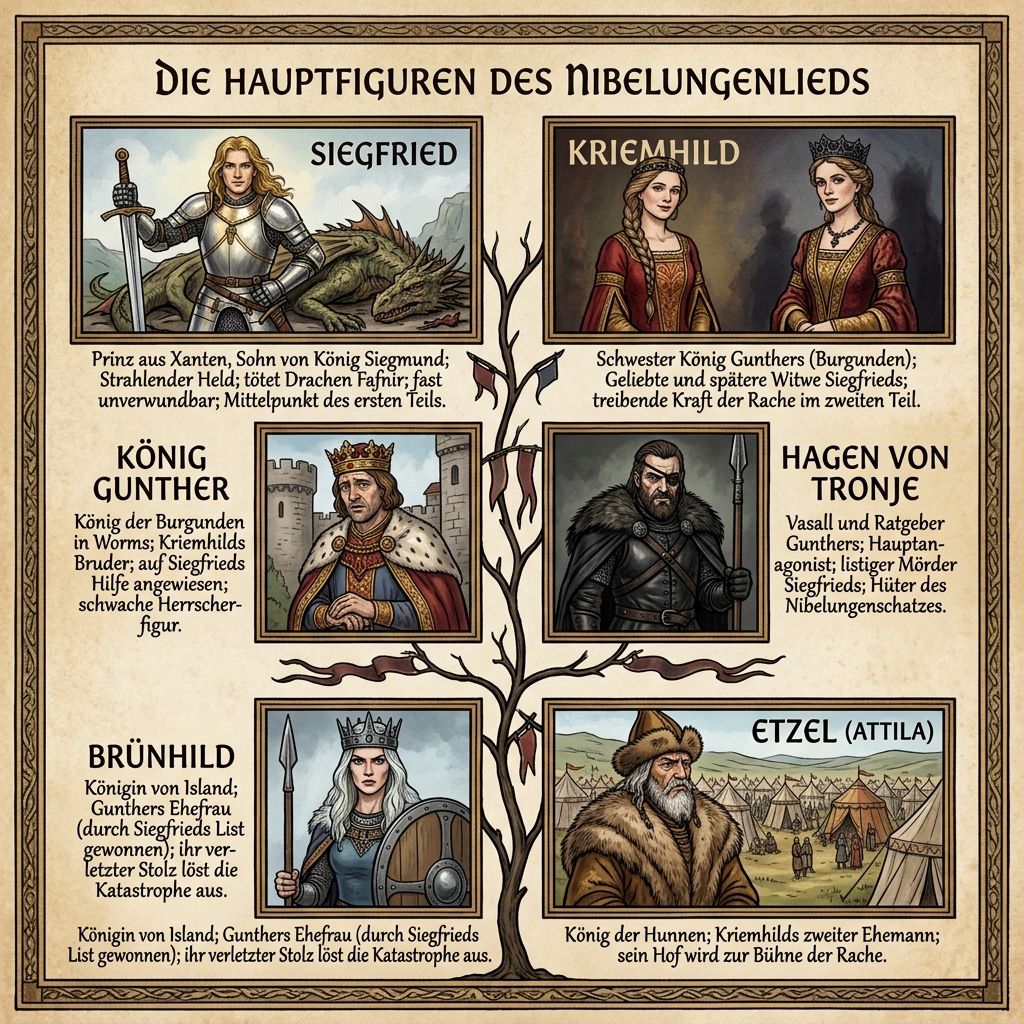The main characters of the Nibelung saga: Siegfried, Kriemhild, Gunther, Hagen, Brünhild and Etzel