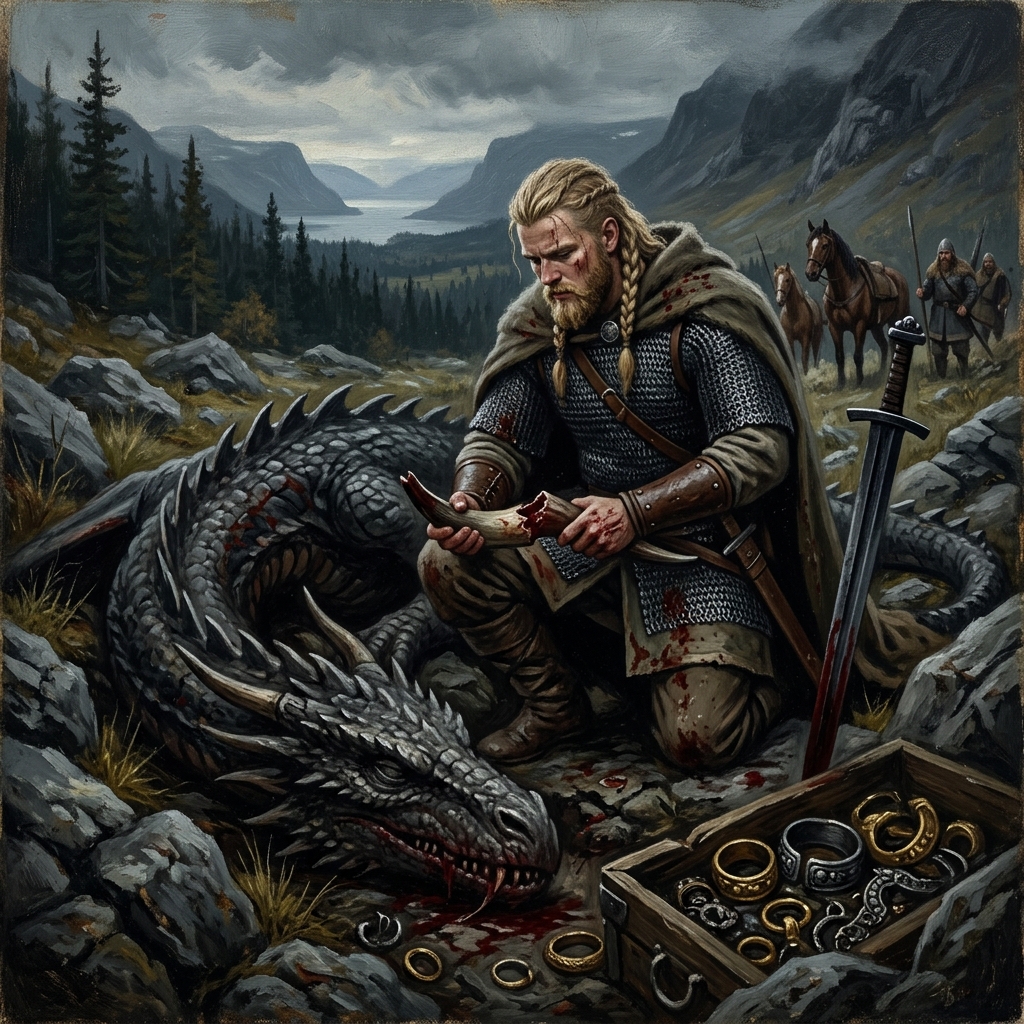 Sigurd kills the dragon Fafnir - Norse parallel to the Nibelung saga from the Völsunga saga