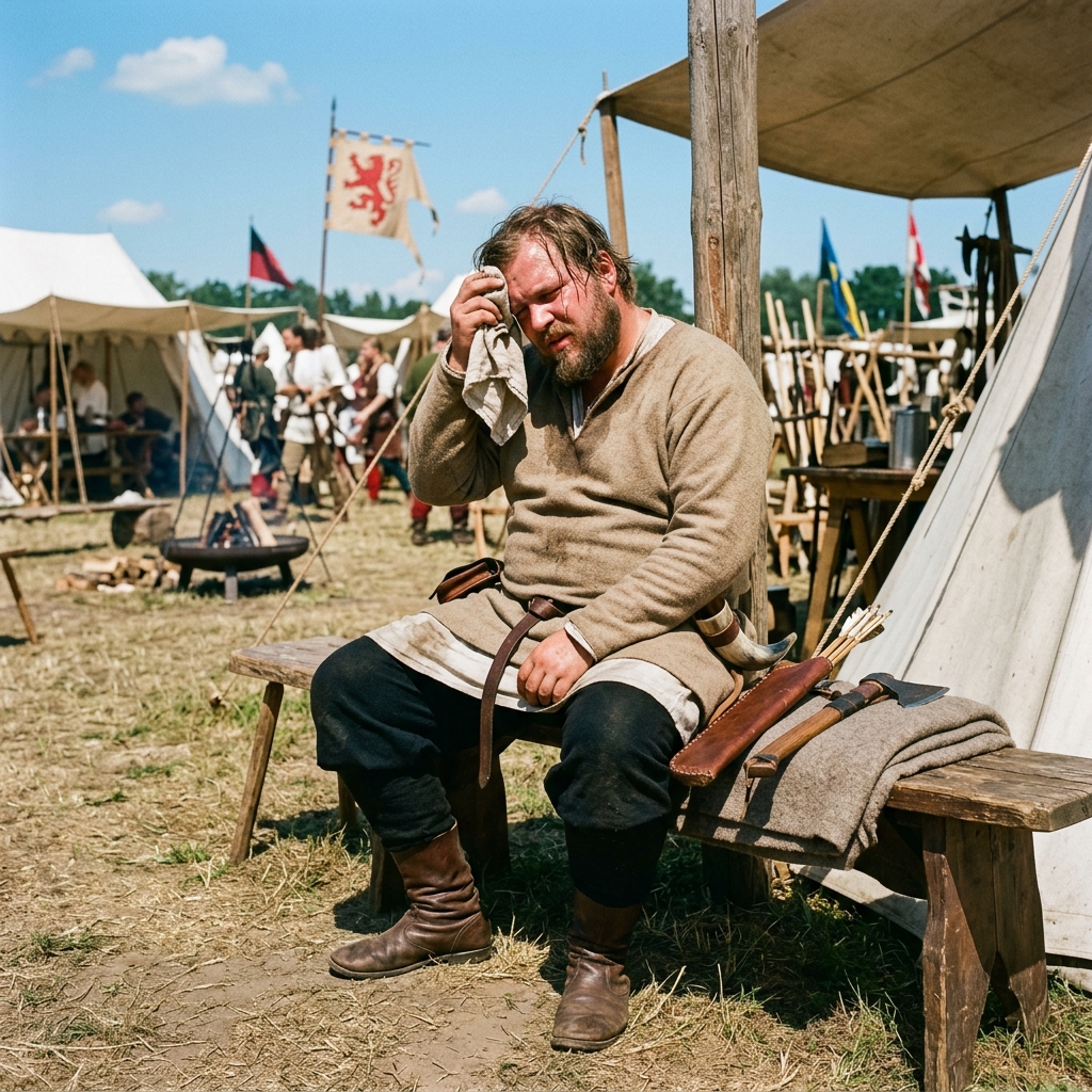 Man in medieval garb suffers from the summer heat at Hygiene Medieval Market