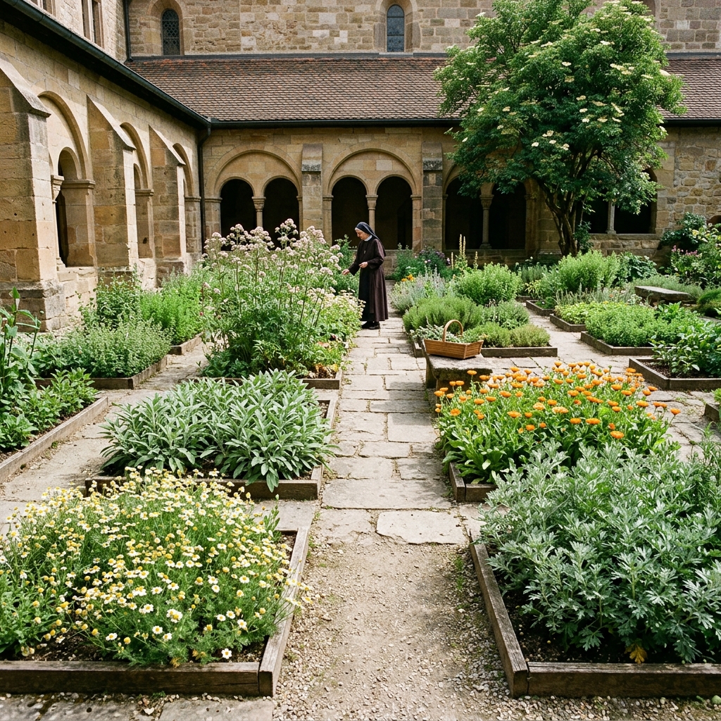 Medieval monastery garden with medicinal herbs such as camomile, sage, valerian and marigold