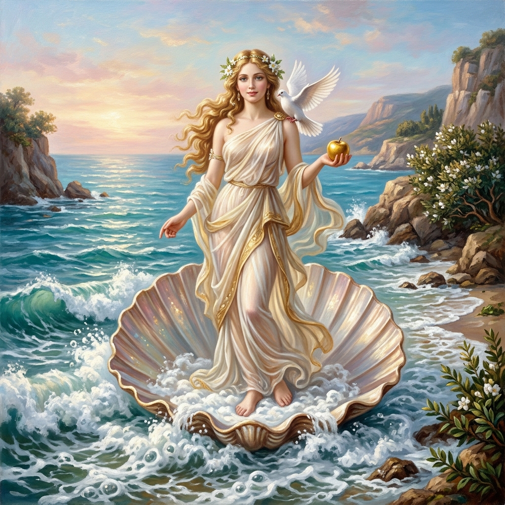 Aphrodite, goddess of love - one of the gods of Olympus - with dove, apple and shell as symbols