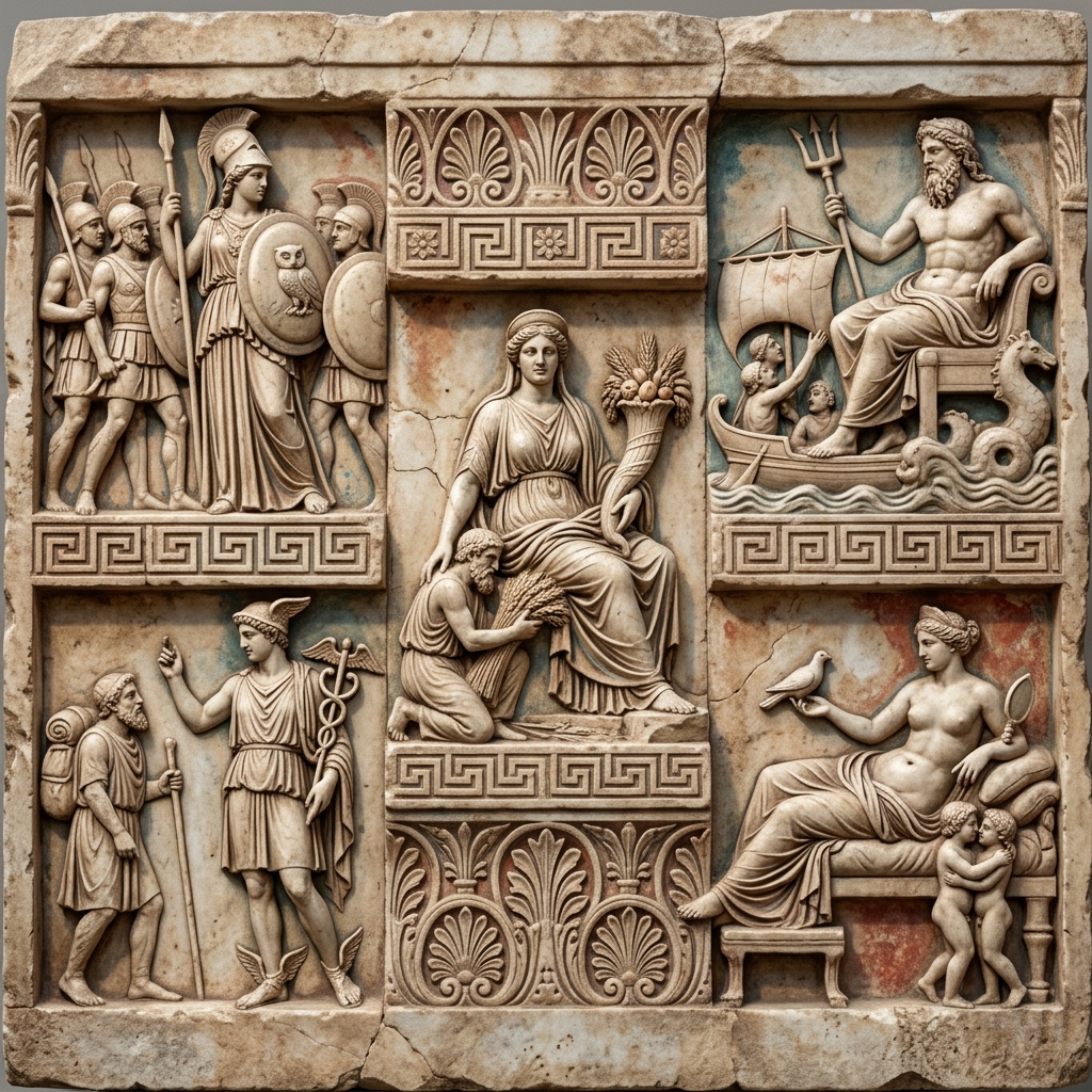 Symbols of the gods of Olympus: ears of corn, waves, sword, caduceus and rose for their spheres of life