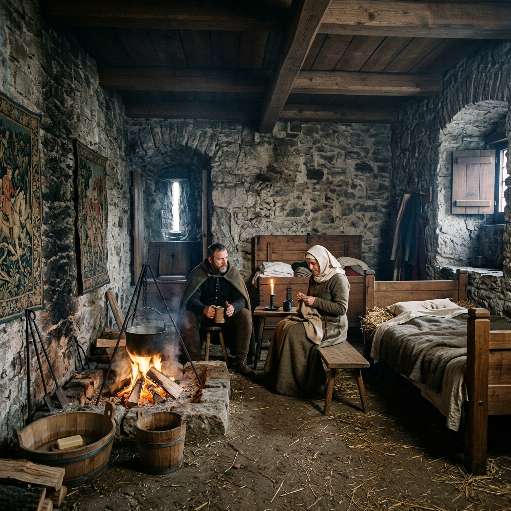 Medieval bower with tapestries, chests and open fire - heated living space in castle life