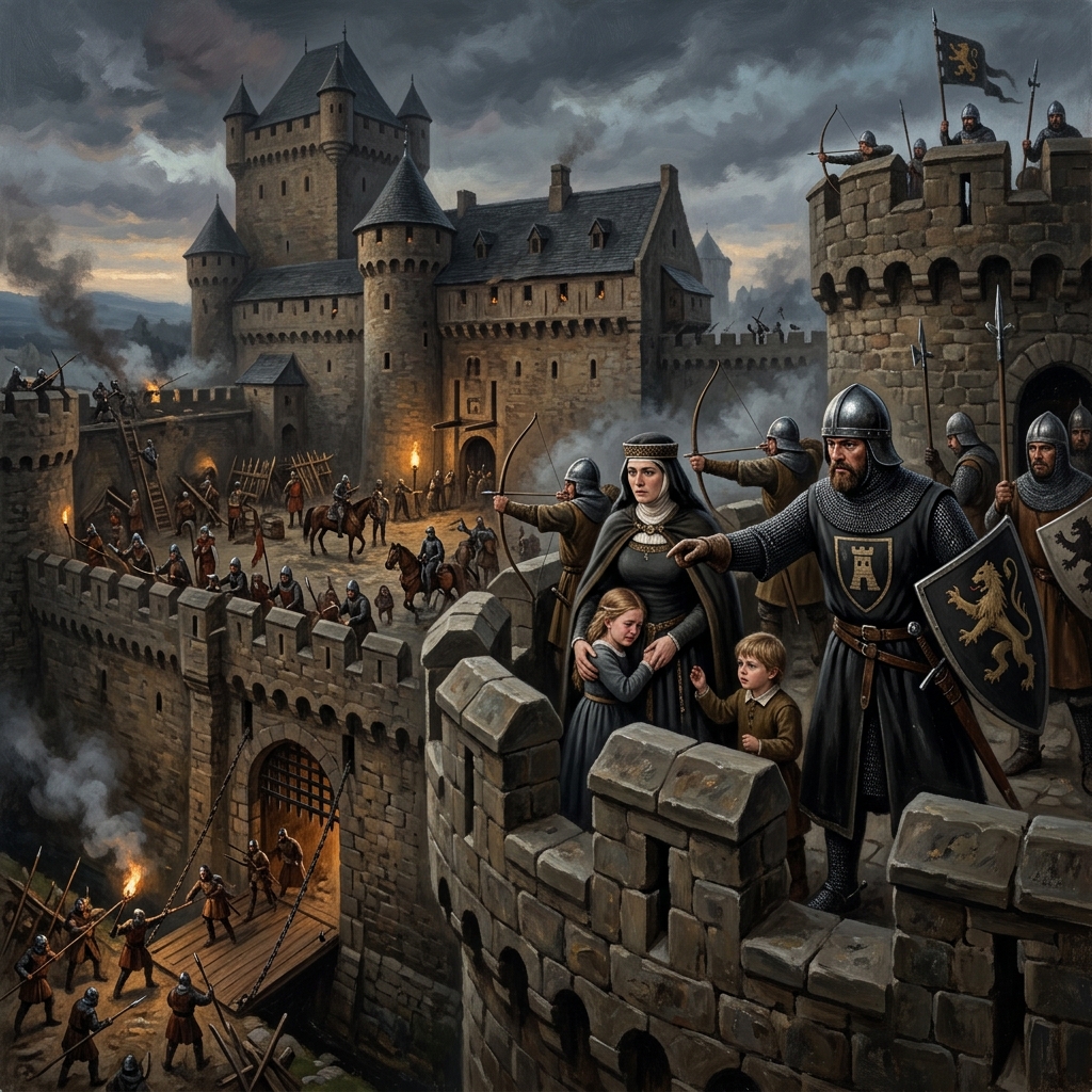 Castle lord and family discussing defence and protection in medieval castle life