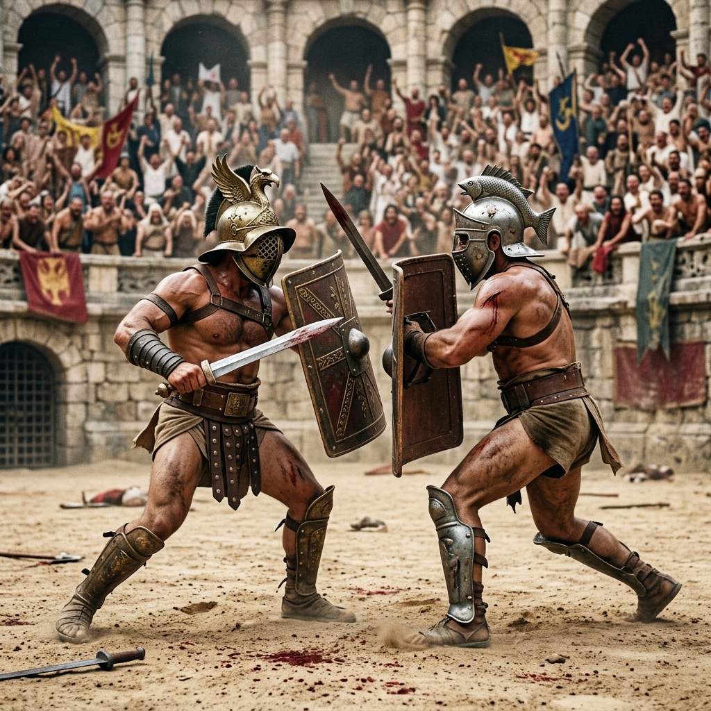 Two armed gladiators fight in the arena of ancient Rome in front of a cheering audience