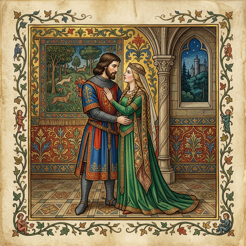 Tristan and Isolde in medieval depiction, the legendary lovers in historical garments