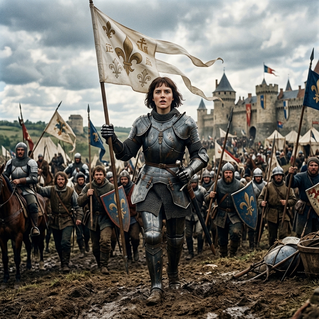 Joan of Arc, heroine of the Hundred Years' War, in medieval armour