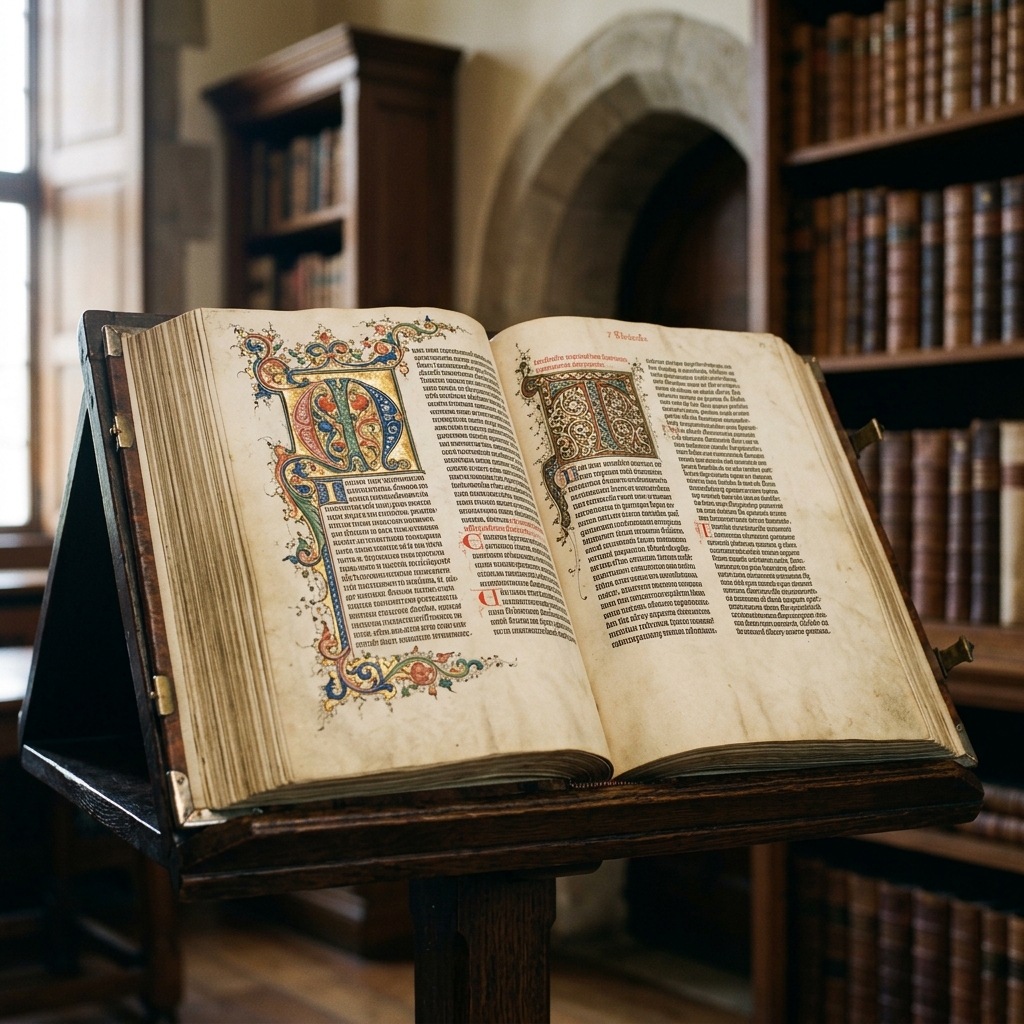 Opened Gutenberg Bible as an early work of medieval book printing