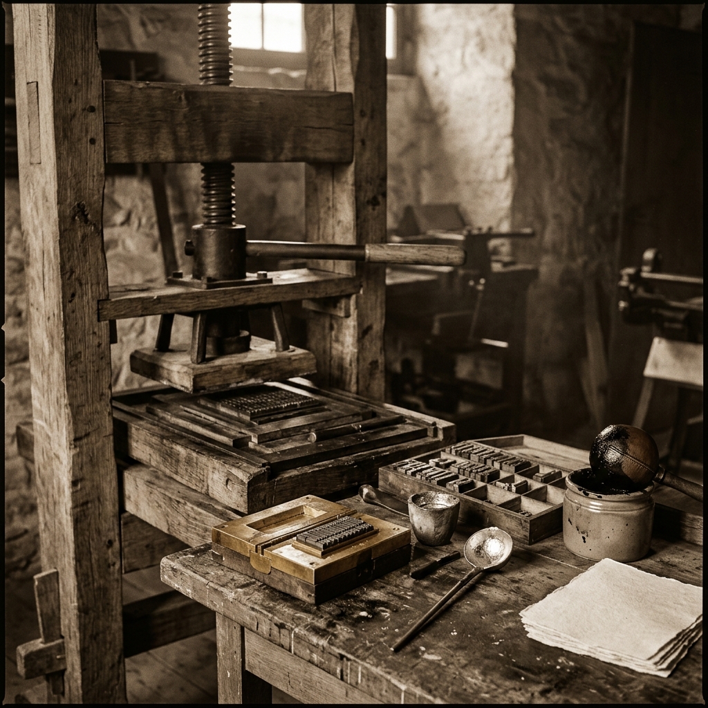Tools of medieval letterpress printing: hand mould, lead type, screw press and printing ink according to Gutenberg