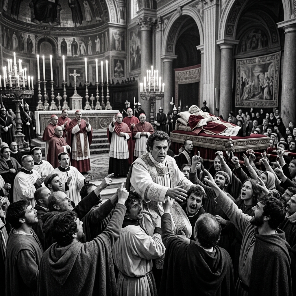 Clergy and people proclaim Hildebrand Pope Gregory VII at the funeral service for Alexander II