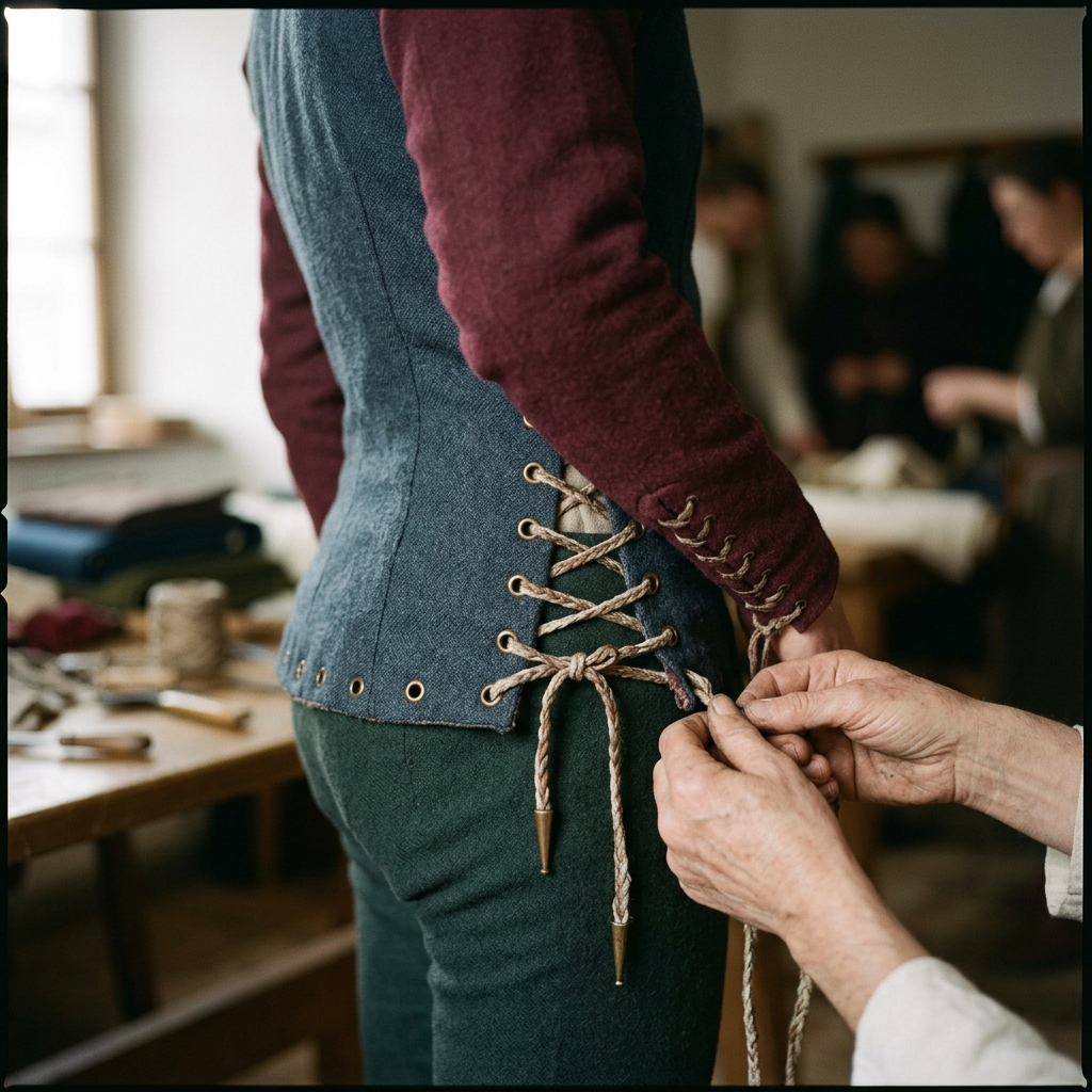 Medieval clothing with nest lace: tight sleeves, surcot and leg warmers connected by nest bands