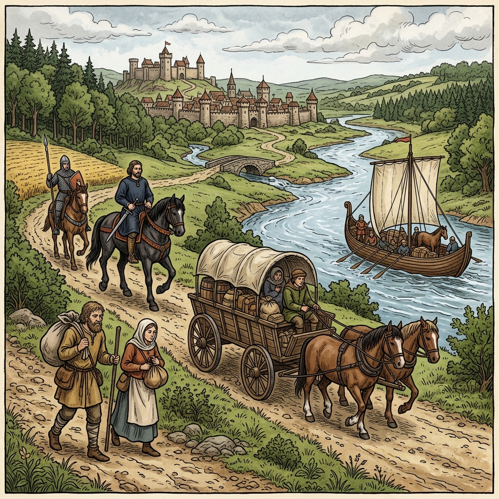 Travelling in the Middle Ages: people on foot, on horseback, in horse-drawn carts and on rivers