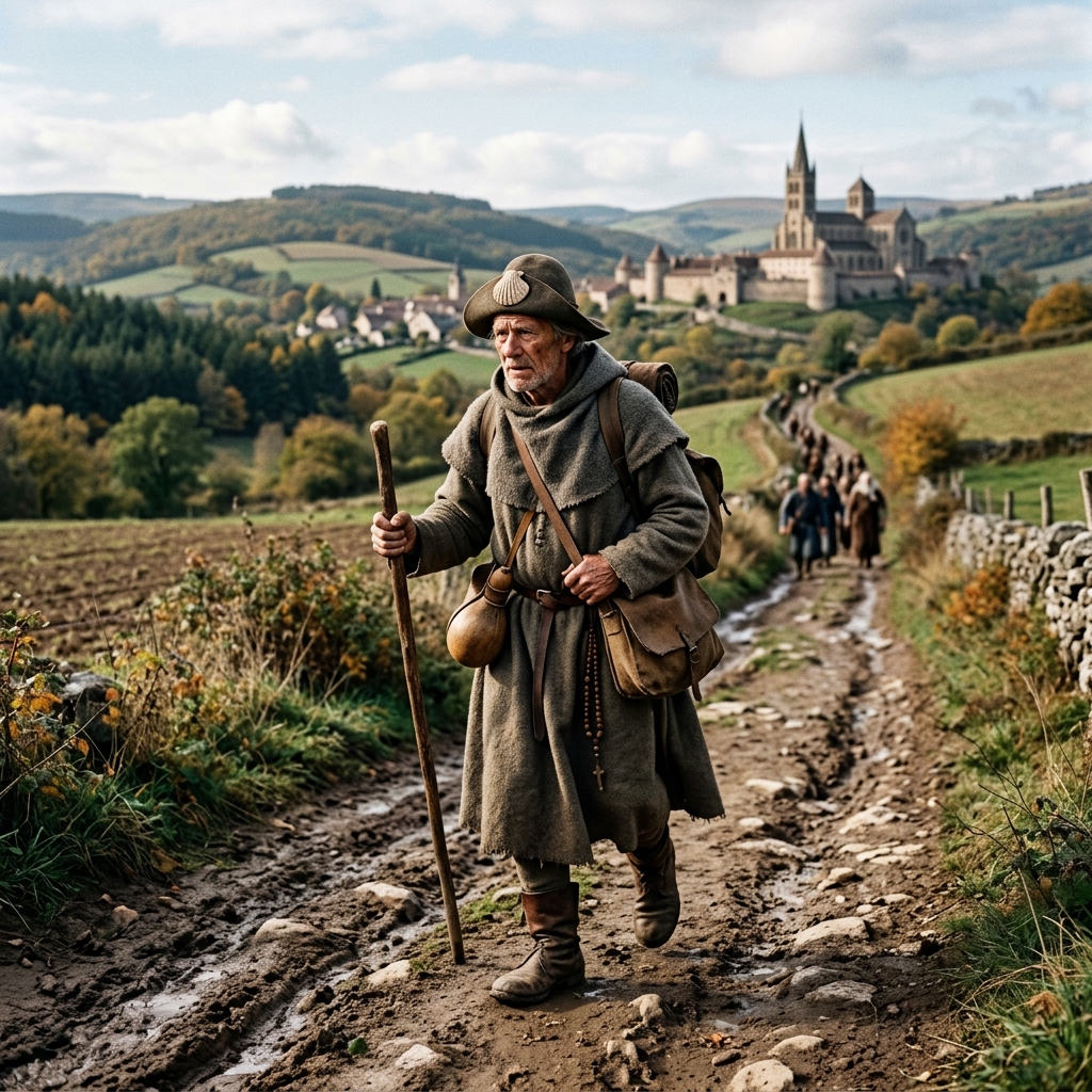 A group of pilgrims travelling in the Middle Ages, on a long journey to a holy place of pilgrimage