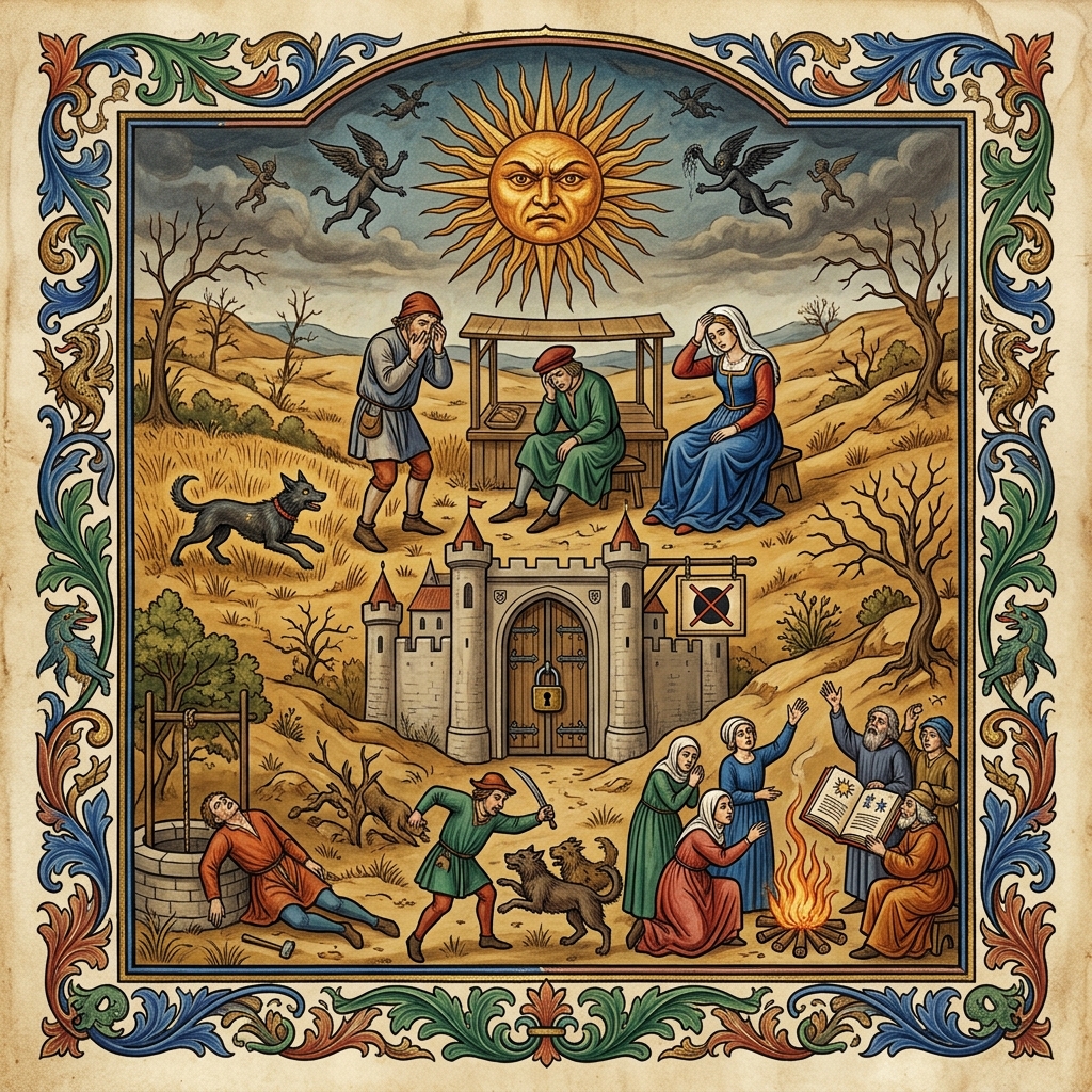 Medieval illustration depicting the ‘Dog Days’ as a time of misfortune, featuring calendar symbols and warning signs
