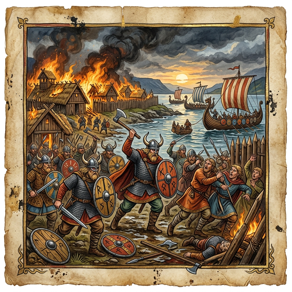 Vikings wearing horned helmets and wielding axes in front of a burning village – a medieval depiction