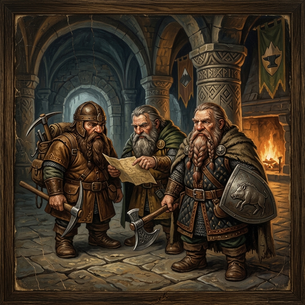 Medieval dwarves in the style of Norse mythology, inspired by Viking names and Germanic mythology