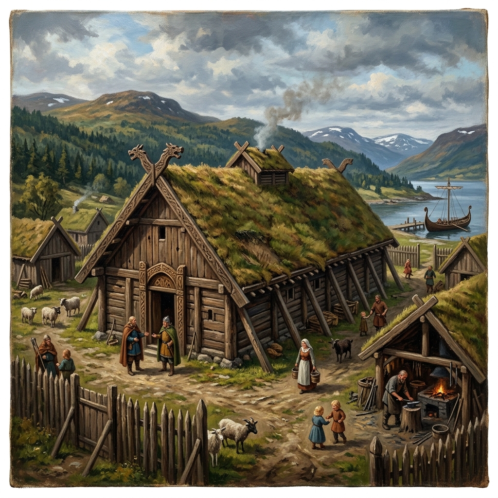 Historical illustration of a wooden Viking longhouse in a medieval settlement