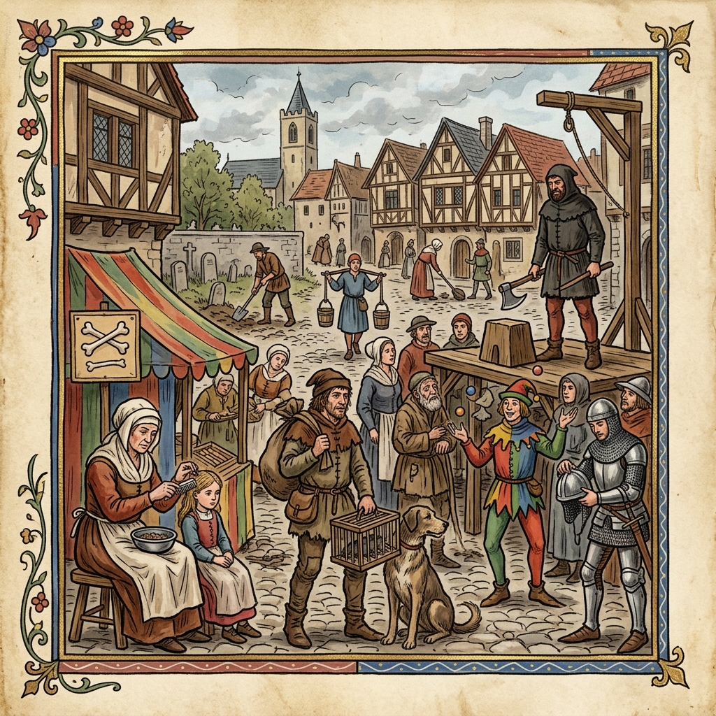 Historical illustration of bizarre medieval professions, featuring a lice-picker and an executioner