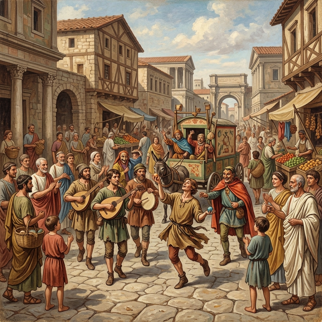 Unusual professions: Jugglers and minstrels entertain the crowds at a medieval market festival