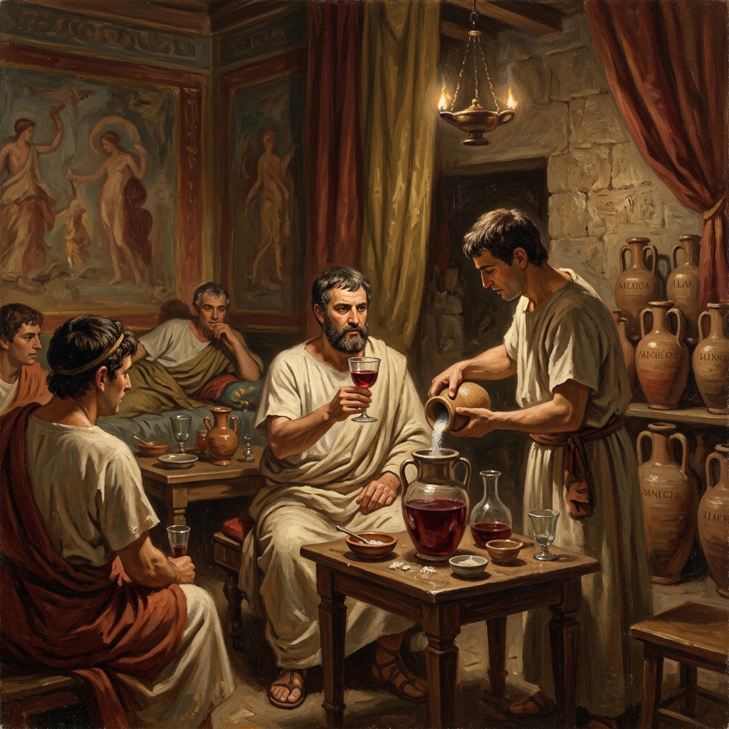Historical depiction of a Roman mixing lead-based additives into Roman wine