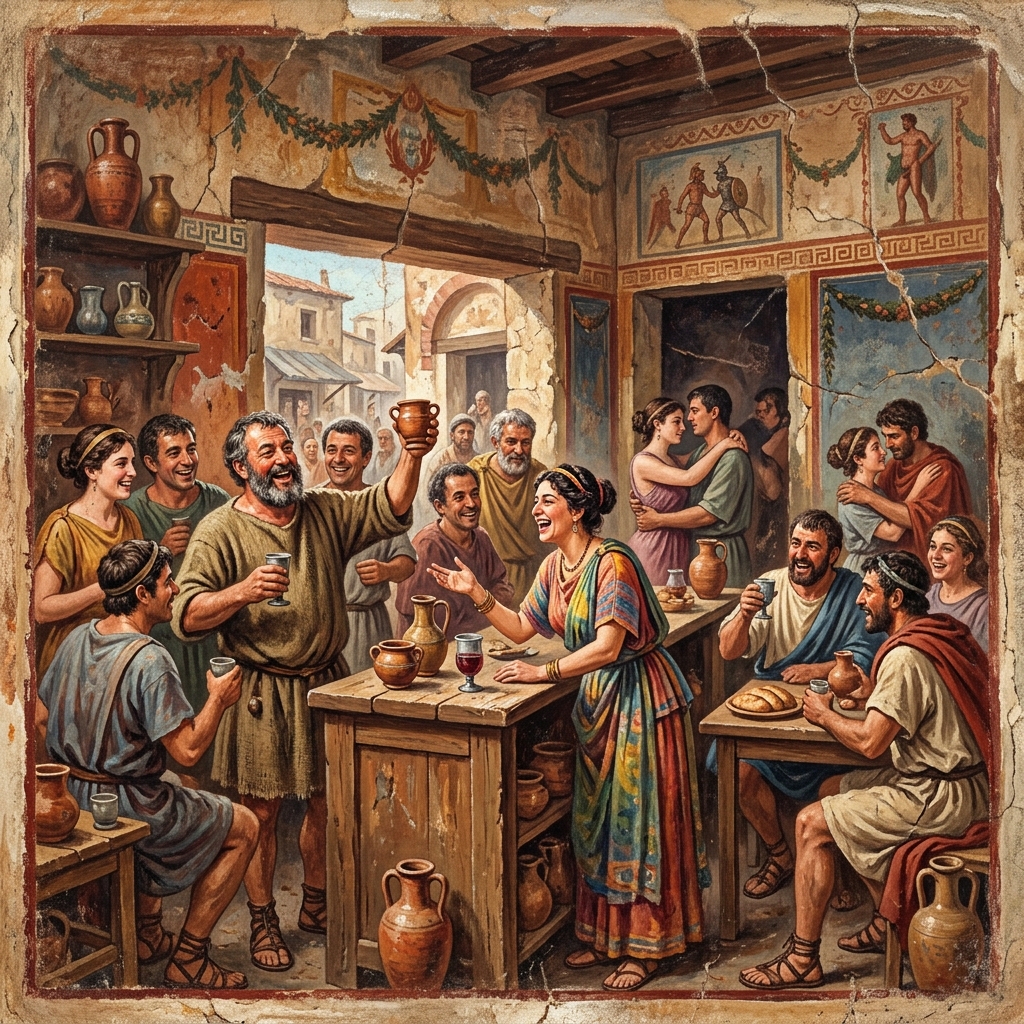 Ancient wall painting from Pompeii depicting vivid scenes full of laughter, desire and human pride