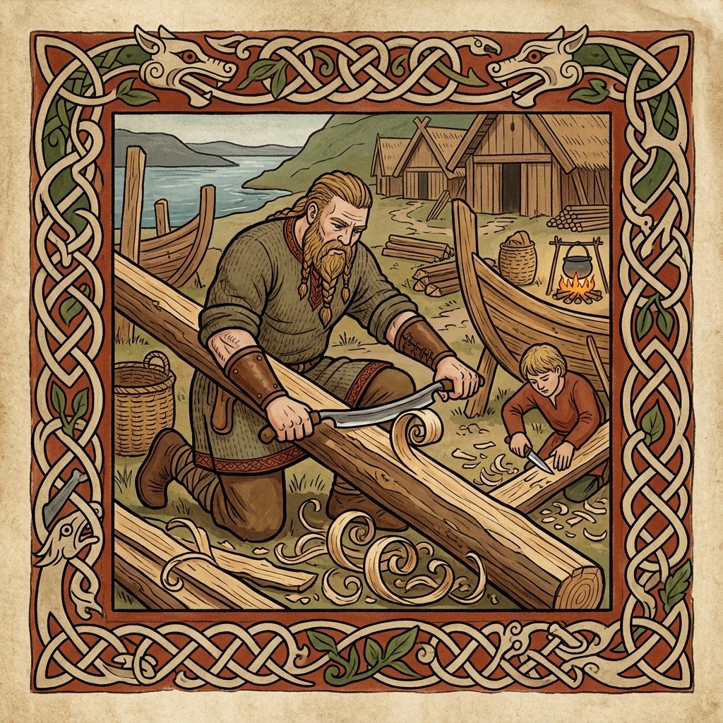 A Viking uses a carving knife to peel the bark off a piece of wood to make a runic staff