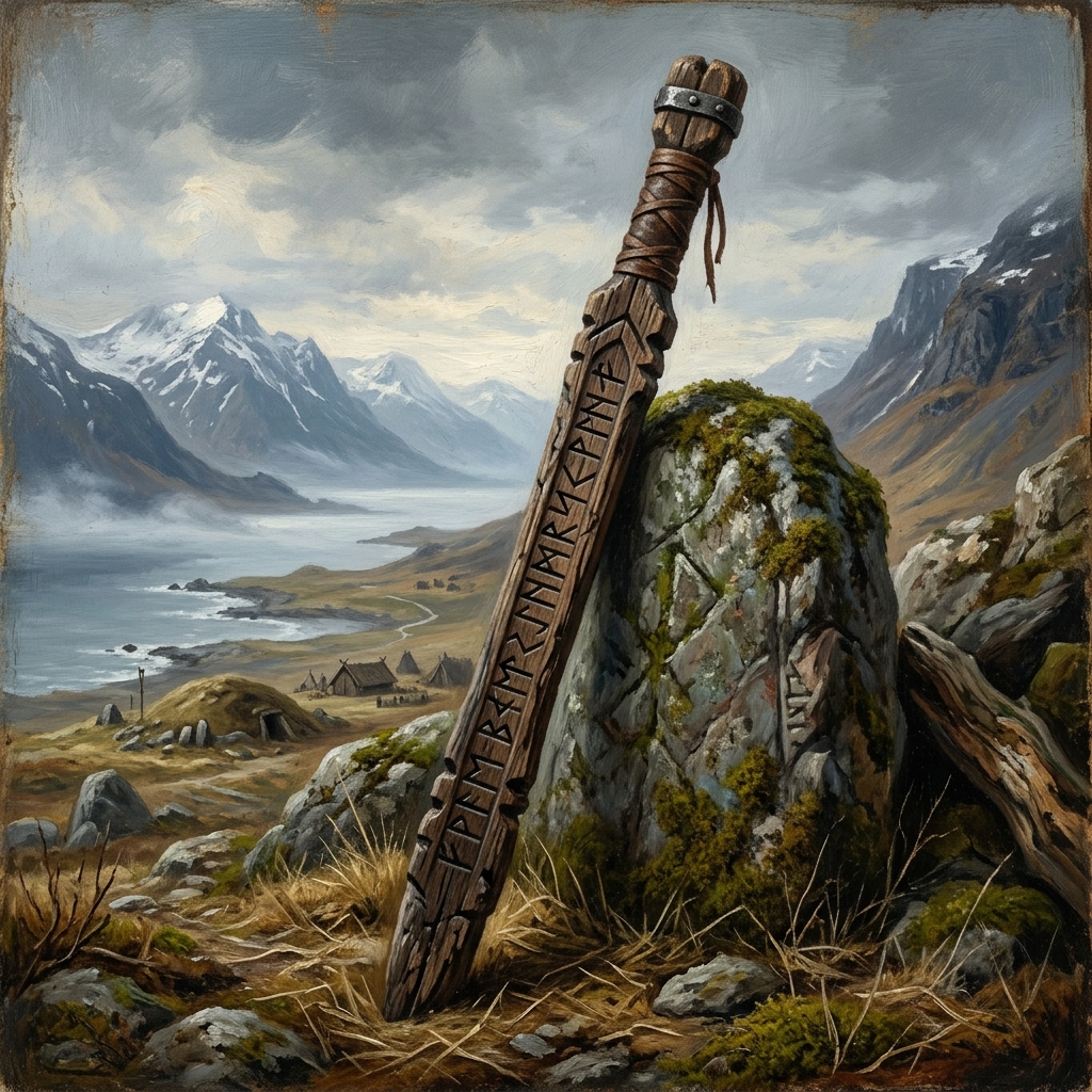 Wooden Viking rune staff with runes from the Norse alphabet carved into it