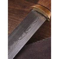 Seax Knife w/ Damascus steel blade & brown suede sheath