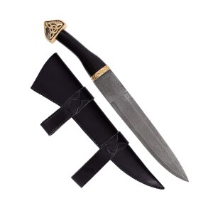 Seax Dagger, Damascus steel blade, horn hilt, leather sheath