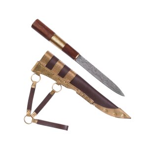 Viking Knife, Damascus Steel Blade and Wood/Brass Handle