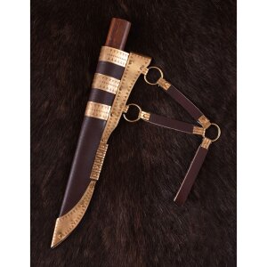 Viking Knife, Damascus Steel Blade and Wood/Brass Handle