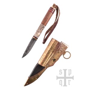 Viking Knife, Damascus Steel Blade, Wood/Bone Handle with Ravens