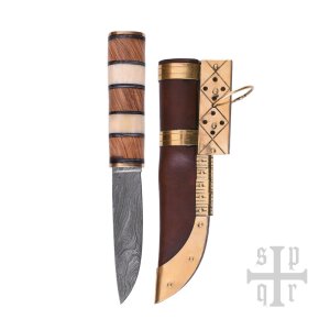 Viking Knife, Damascus Steel Blade and Wood/Bone Handle