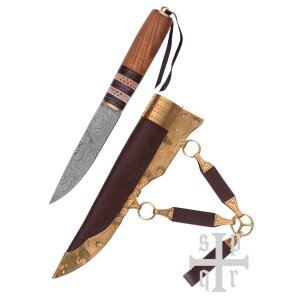 Viking Knife, Damascus Steel Blade, Wooden Handle w. Bone Trim