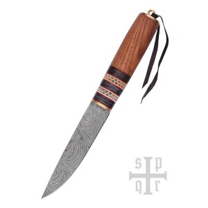 Viking Knife, Damascus Steel Blade, Wooden Handle w. Bone Trim