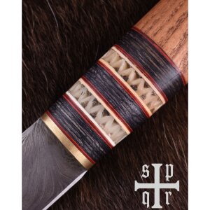 Viking Knife, Damascus Steel Blade, Wooden Handle w. Bone Trim