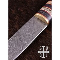 Viking Knife, Damascus Steel Blade, Wooden Handle w. Bone Trim