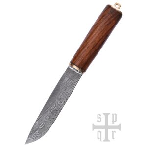 Viking Knife, Damascus Steel Blade and Wooden Handle