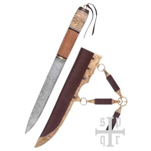 Viking Knife, Damascus Steel, Wood/Bone Handle w. Knot...