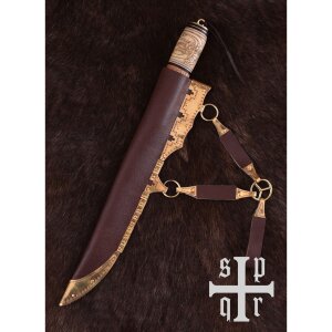 Viking Knife, Damascus Steel, Wood/Bone Handle w. Knot Pattern