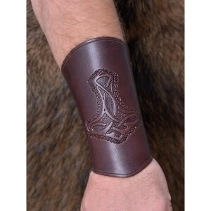 Bracer leather Wristguard with Thors Hammer Motif, long