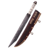 Viking longseax, bone handle with Nordic ravens Hugin and Munin