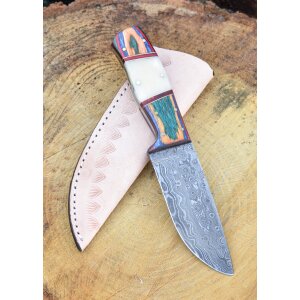 Knife from damascus blade wooden handle and bone element