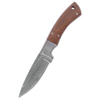 Damascus knife with wooden handle and leather sheath